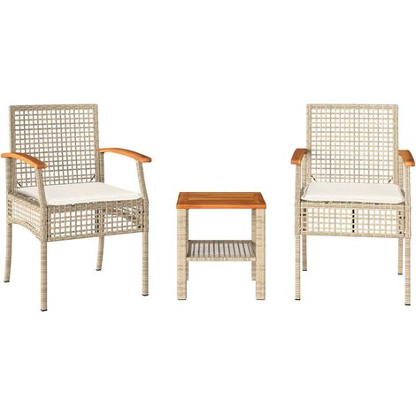 Ensemble de bistro 3 pcs Mobilier de jardin coussins beige résine tressée acacia (1/5)
