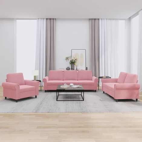 3-tlg. Sofagarnitur mit Kissen Rosa Samt (1/5)