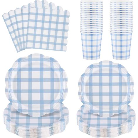 Kit Vaisselle Jetable Vichy Bleu Clair, 96 Pièces, 24 Pers. (1/5)