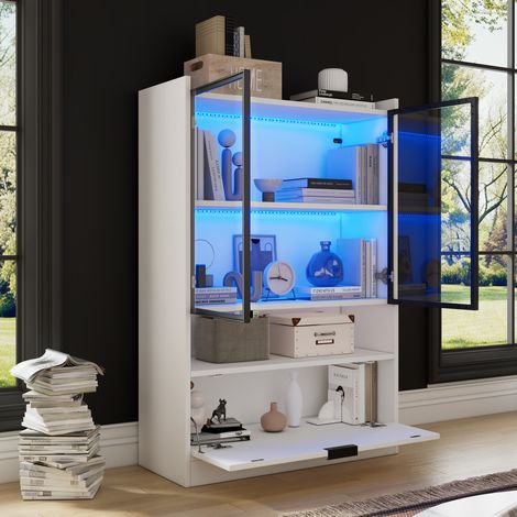 Vitrine moderne à éclairage LED, finition mate, 120 cm de hauteur, avec éclairage LED, vitrine en verre, meuble de salon avec portes vitrées et porte abattante, vitrine en aggloméré, blanche (1/4)