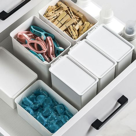 Bacs de rangement avec couvercles, grande capacité, multifonctionnels et empilables, en plastique, pour placards, bureaux, cuisines et salles de bain. (1/5)