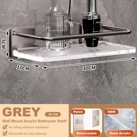 Étagère de salle de bain d'angle en acrylique gris (30 cm) avec crochets porte-serviettes, fixation murale sans perçage, en acrylique et aluminium spatial. (1/5)