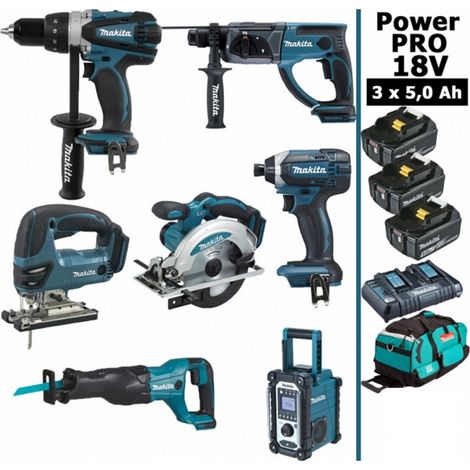 Pack Power PRO 7 outils 18V: DDF458 + DHR202 + DTD152 + DJV180 + DSS610 + DJR186 + DMR108 + 3 batt 5Ah + sac (1/5)
