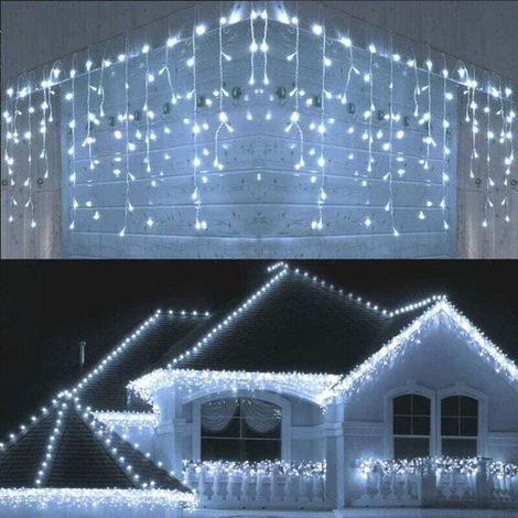 Rideau Lumineux Noël Extérieur, 220v Intérieur Guirlande Lumineuse Fenetre 8 Modes Étanche Adaptateur Décoration Noel pour Maison Mariage Balcon Chambre Jardin Patio Fête, Blanc Froid (1/4)