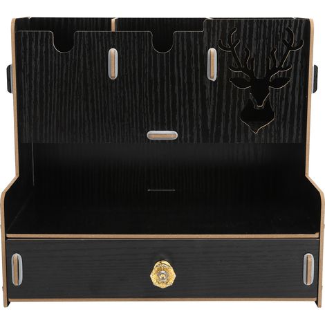 Organisateur de bureau en bois, porte-stylos et rangement pour fournitures de bureau à la maison ou au travail, couleur noire (1/5)