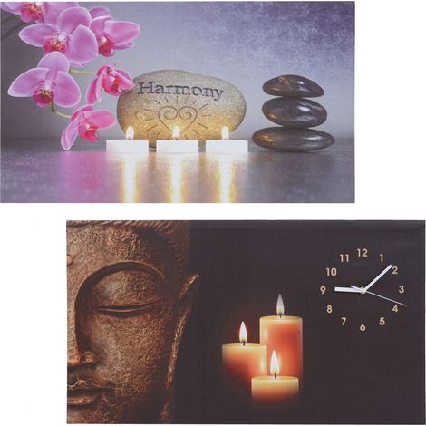 2x Tableau LED image avec illumination, toile mural, minuterie, Bouddha/Harmony, horloge, 70x40cm (1/4)