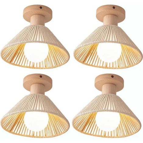 4x Rétro Plafonnier Industriel,22cm Lustre Vintage en Rotin Blanc et Bois Lampe de Plafond Style Nordique pour Couloir Cafés (1/5)