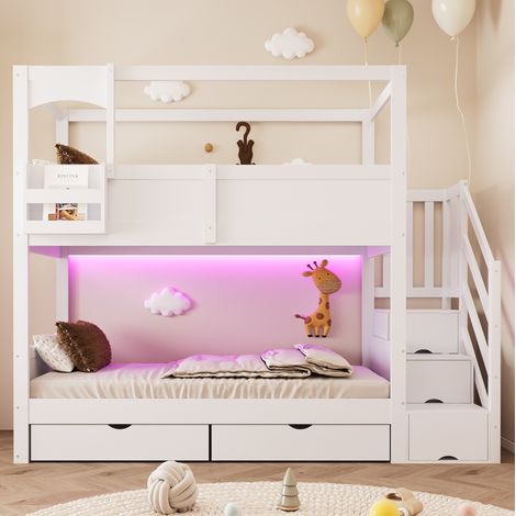 Cama litera 90x200 cm en madera blanca con escalera de almacenaje, 2 cajones, estante y pizarra (1/5)