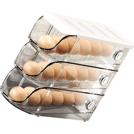 3 pièces Boîte à œufs pour réfrigérateur, plastique empilable, porte-œufs à roulement automatique, boîte de rangement pour maison, blanc (1/5)