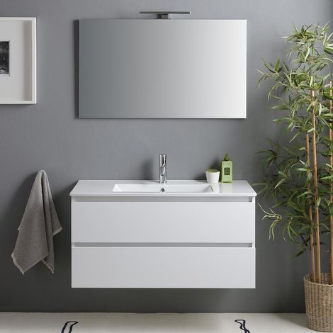 Kiamami Valentina – Meuble de salle de bain suspendu 100cm – Double tiroir blanc brillant – Lavabo en céramique intégré – Miroir avec lampe 100x60 — vue 2