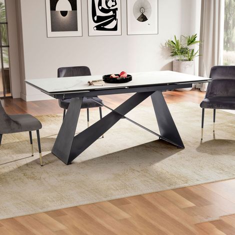 Table 180-260 cm en céramique effet marbre blanc pied métal - BLUNSKI