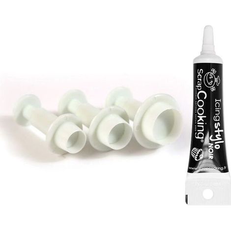 3 emporte-pièces à poussoir en plastique ronds + Stylo de glaçage noir