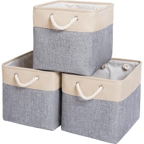 Aufbewahrungskörbe Faltbar Ledergriff Leinen Stoff 3 Pack Grau Beige (1/5)