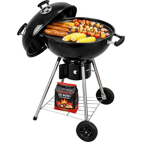 Barbecue à Charbon de Bois sur Trépied Ø57cm Grille Cuisson & Couvercle Thermostat Bac à cendres Barbecue rond 2 roues INTEC