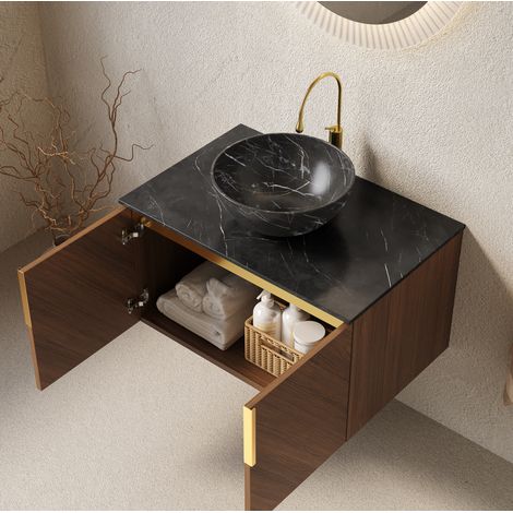 Meuble vasque mural 76 cm avec vasque céramique noire, plateau en pierre frittée, chêne brun (1/5)