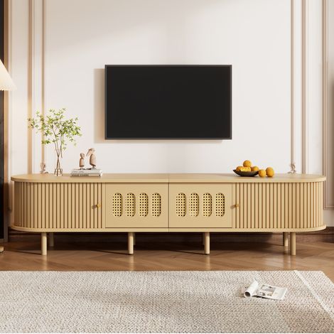 Mueble TV de 180x40x40 cm, para televisores de hasta 75 pulgadas, puertas de ratán, MDF, color madera clara (1/5)