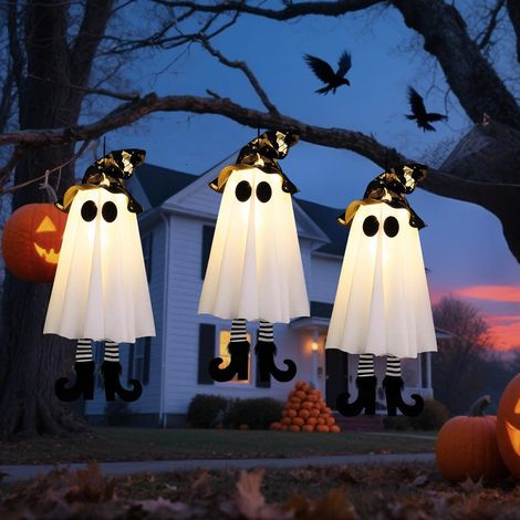 Décorations d'Halloween extérieures lumineuses : fantômes suspendus à chapeau de sorcière, lot de 3, pour fête, arbre, maison, cour et porche (1/5)