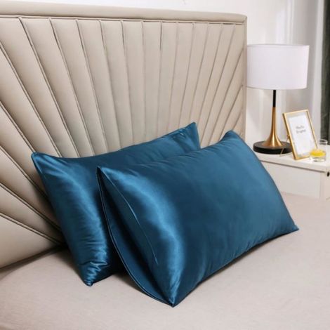 Taie oreiller soie 50x75cm 2 pièces, pure soie mûrier 19 momme, bleu foncé (1/5)