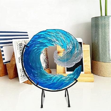 Adorno de escritorio con forma de ola, pieza de arte hecha a mano de 12 cm con soporte, escultura de ola azul degradada.