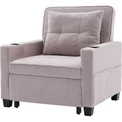 Canapé convertible 1 place gris avec dossier inclinable, 2 porte-gobelets, port USB et poche latérale, idéal pour petits espaces – CHICFURN (1/5)
