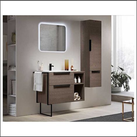 Mobile Bagno Urban90 cm Sospeso Frassino Scuro Base 2 Cassettoni e 1 vano a giorno - Lavabo in Resina (1/5)