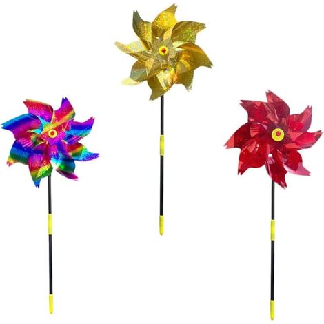 Conjunto de 3 Moulins à Vent Octogonaux en Pet Résistant, Couleurs Rouge, Jaune et Dégradé, Moulinets Réfléchissants Anti-Oiseaux pour Balcon et Jardin, Outil D'effarouchement