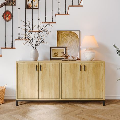 Credenza 160x35x80 cm, con 4 ante, ampio piano di lavoro, maniglie metalliche nere e base in metallo, design moderno ed essenziale - Naturale