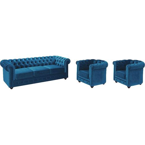 Vente-Unique – Canapé 3 places Chesterfield en velours bleu canard – Structure en bois – Dossier capitonné – Confort optimal avec mousse polyuréthane (1/5)
