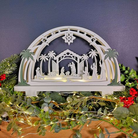 20cm Battery Operated Warm White LED Wooden Arch Nativity Scene Christmas Decoration (1/5)