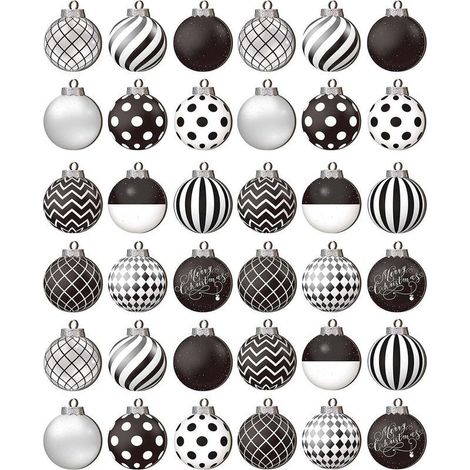 Ensemble de 36 boules de Noël noires et blanches, boules décoratives de 2,5 pouces pour sapin de Noël, 12 styles différents (1/5)
