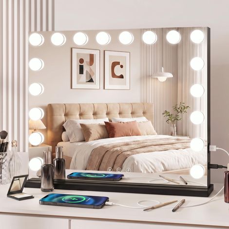 Hollywood Miroir Maquillage Lumineux 80X62.5cm, Miroir Coiffeuse LED 18 Lumières Dimmables, Contrôle Tactile 3 Couleurs Montage Mural, Noir (1/5)