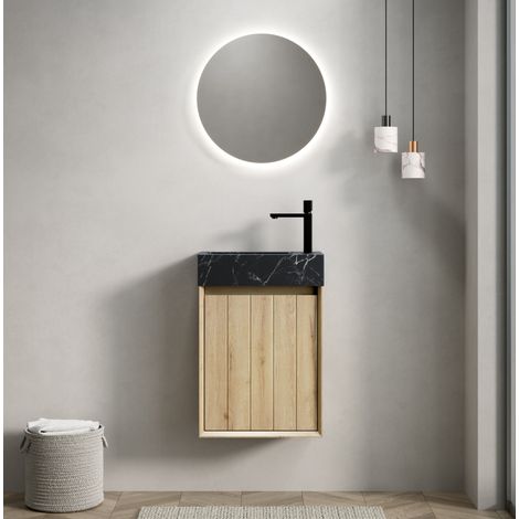 Meuble lave-mains suspendu en marbre et contreplaqué blanc chêne avec vasque noire intégrée, 1 porte (1/5)
