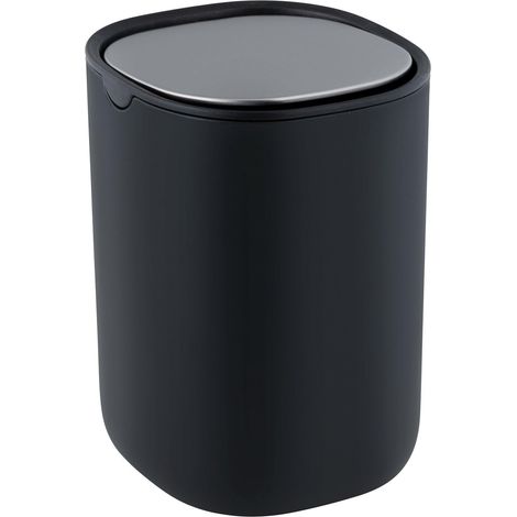 Poubelle à couvercle basculant 1,5 L, plastique et couvercle inox, petite poubelle pour cosmétiques et déchets, salle de bain, WC invités, coiffeuse, table, cuisine, pratique, noire (1/5)