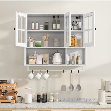 Armoire murale de salle de bain 88x26x82.5 cm blanche en MDF et verre trempé avec rangement et porte-serviettes (1/5)