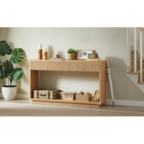 Consolle moderna per ingresso, larga 150 cm, con due ampi cassetti e un ripiano inferiore a giorno, adatta per corridoio e soggiorno (rovere chiaro). (1/5)