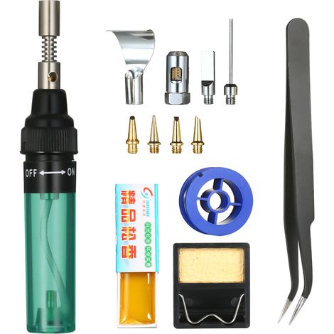 Kit de fer à souder 13 en 1 13 pièces 26 ml Kit électronique complet Outil de soudage à stylo Réparation de voiture Soudure au gaz Torche auto-allumante Extérieur / Vert Transparent (1/5)