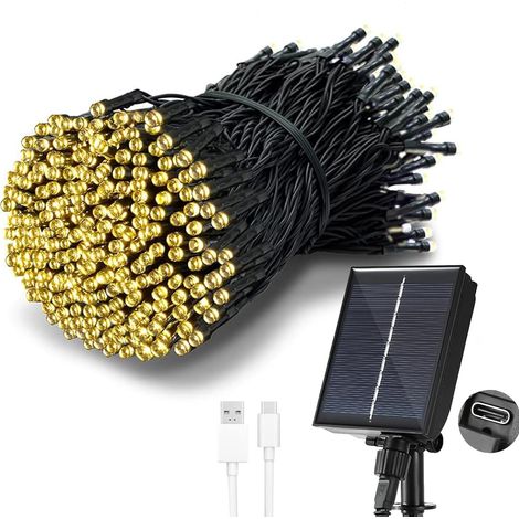 Guirlande Lumineuse Exterieure Solaire, 【Charge USB】, 20M 200 LED Guirlande Solaire, 8 Modes, Etanche, Décoration pour Jardin, terrasse, Balcon (Blanc Chaud)