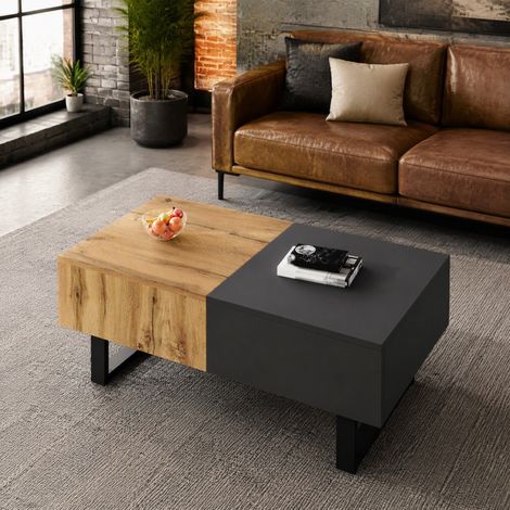 Table basse coulissante avec rangement caché 100-155x55x40 cm bois et métal HAVRYA (1/5)