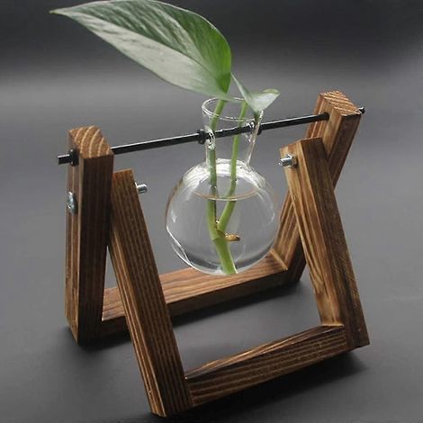 Support en bois décoratif avec vase en verre hydroponique, vase suspendu, vase à fleurs, vase de table, vase décoratif