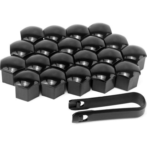 Lot de 20 cache ecrou de roue de voiture, 21 mm de largeur hexagonale, universels, en plastique, avec clip de démontage, noir (1/5)