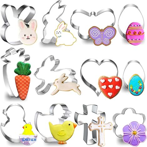 Emporte Piece Paques,12 Pièces Moule Biscuit Paques en Acier Inoxydable,Emporte Piece Patisserie Paques,Lapin, Oeufs de Pâques, Trèfle, Poussin, Papillon