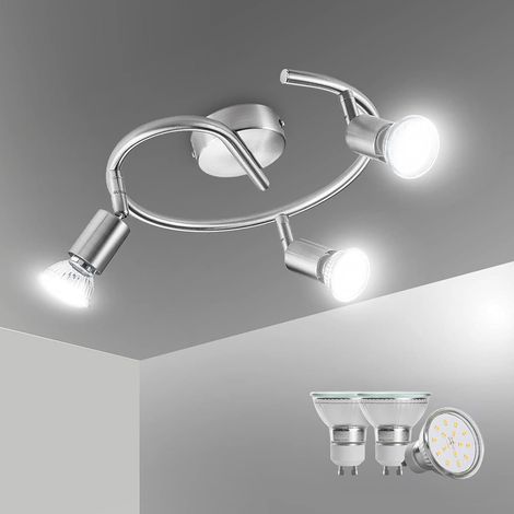 Plafonnier LED 3 Spot, Luminaire Plafond Lustre Orientable GU10 Light, Lampe Eclairage de Cuisine Applique, Ampoules Blanc Neutre Incl 3 x 6W, pour Interieur Salle Manger Salon Bain, Nickel Mat (1/5)