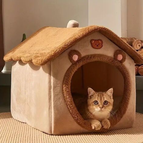 Maison Chat avec Oreilles d'ours, Niche pour Chien Interieur pour Chats et Chiots, Niche pour Chat avec Toit, Cat House Taille S, Brown Bear (1/5)