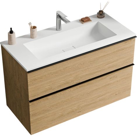 BERNSTEIN - Mobile lavabo sospeso MDF rovere miele, lavello Ghisa bianco opaco + foro rubinetto, maniglia cromata 80x46x62cm - LAVOA	cromo, Rovere Miele Oro, Bianco opaco con foro rubinetto
