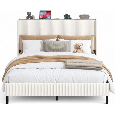 Lit 160x200 plateforme capitonné en velours côtelé avec tête de lit à ailettes, lattes métalliques silencieuses et structure renforcée CHICFURN (1/5)
