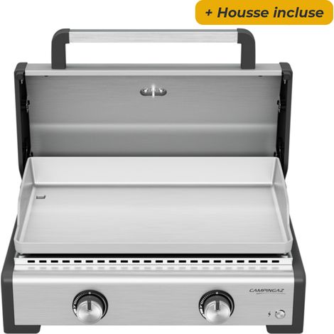 Campingaz – Plancha à gaz Master 2 Pro 2 brûleurs – Plaque inox 58x36cm – Couvercle avec thermomètre – Allumage piézo – Housse incluse