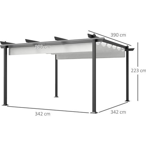 Pergola 4x4m avec toit rétractable, comprenant 8 vis et 8 supports, en aluminium, polyester et métal, blanche (1/5)