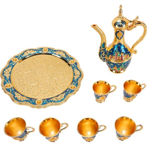 Service à thé turc Vintage avec plateau et 6 tasses, cafetière, Service décoratif de vin pour décoration de fête à domicile, or bleu (1/5)