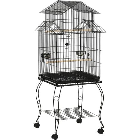 Gabbia per Uccelli da Interni in Legno con Vassoio, 4 Ruote e Trespolo, 50x49x137cm
