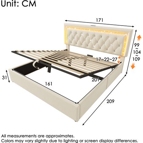 Lit double capitonné en velours 160x200 cm avec bande LED en forme de diamant dans la tête de lit, station de charge USB et Type-C, coffre de lit hydraulique, lit junior avec espace de rangement et so (1/4)